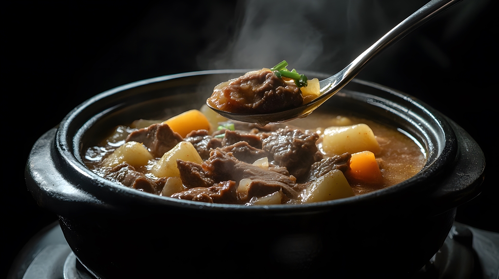 热气腾腾的炖牛肉土豆胡萝卜砂锅美食摄影图