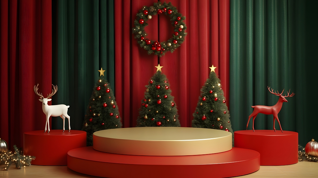 红绿背景装饰的圣诞舞台与圣诞花环节日场景