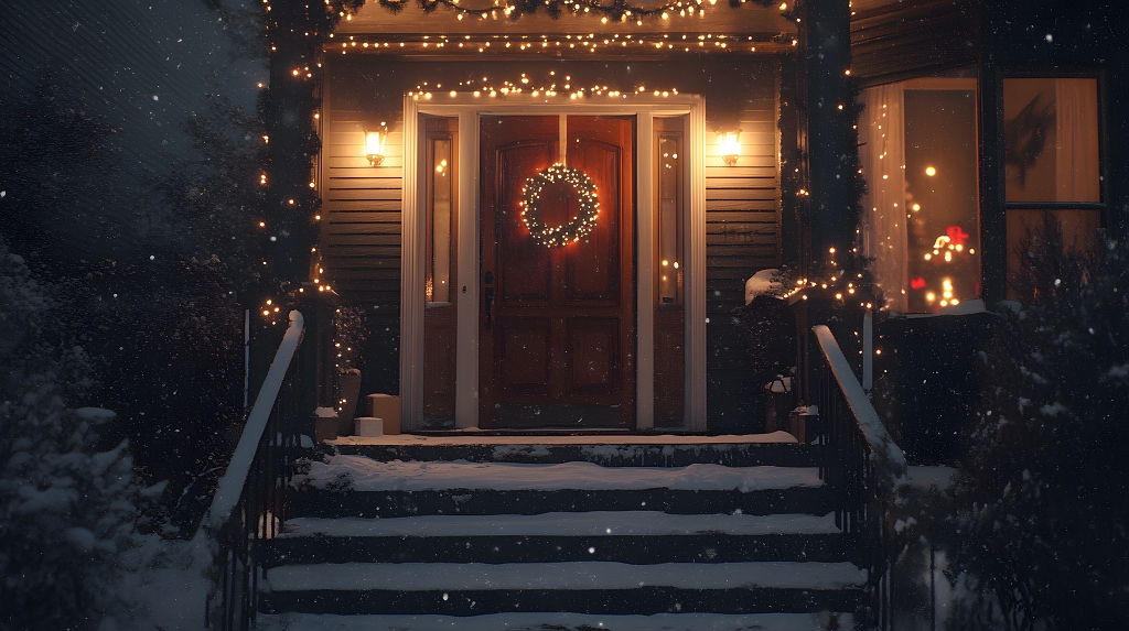 装饰圣诞花环的门口冬季夜晚温馨场景