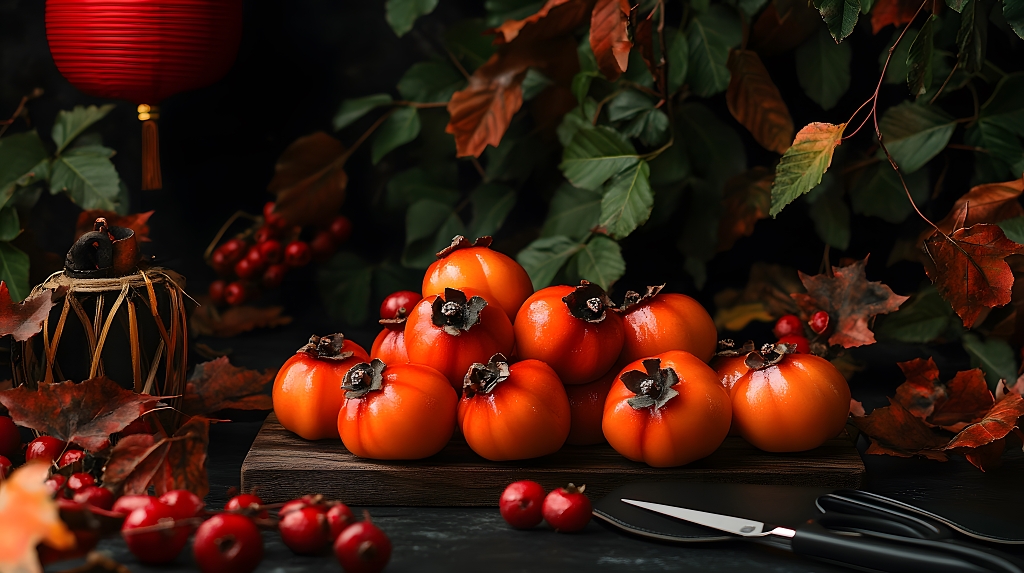 秋季柿子与绿叶装饰静物摄影