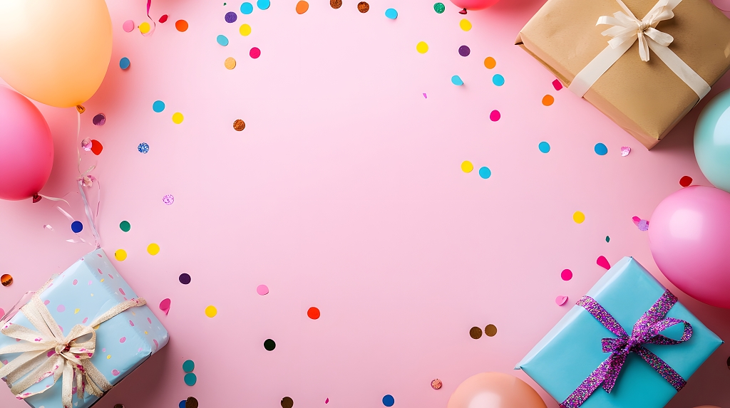 粉色背景庆祝场景礼物盒气球和五彩纸屑装饰
