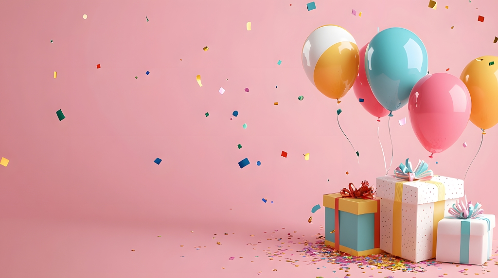 粉色背景庆祝派对礼物气球装饰