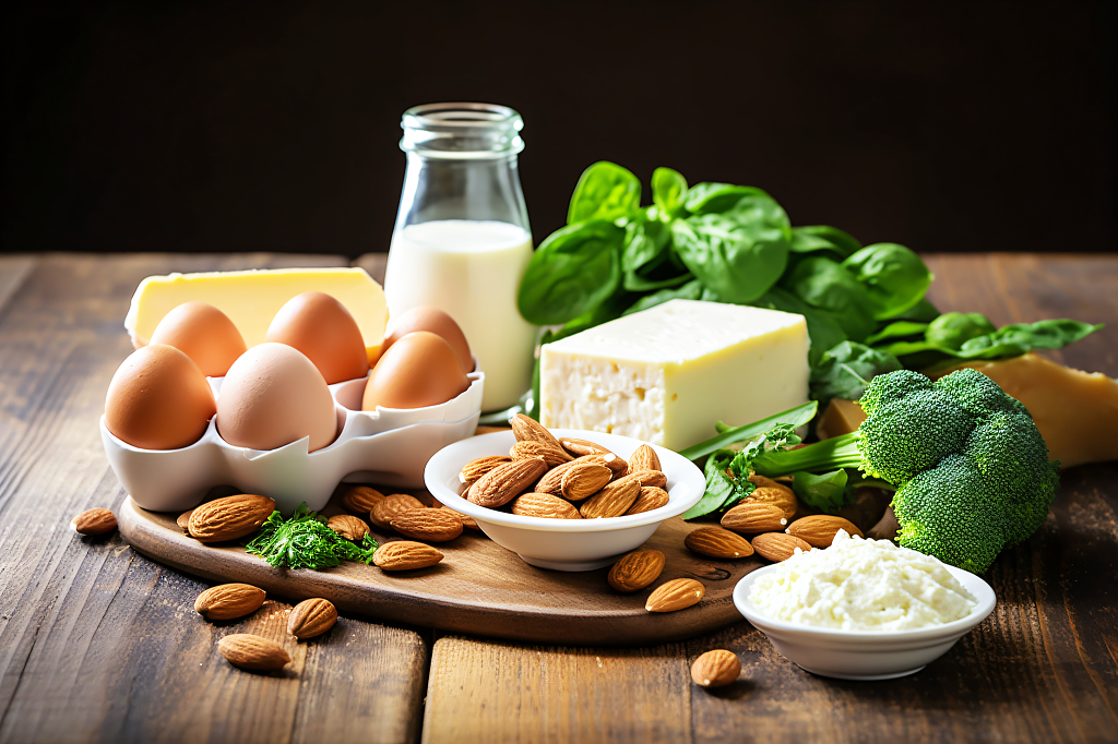 桌子上的牛奶鸡蛋和蔬菜坚果