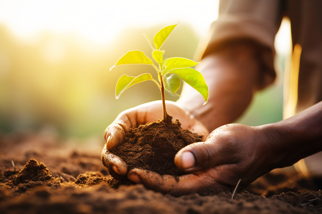 双手托起土壤里的植物生长