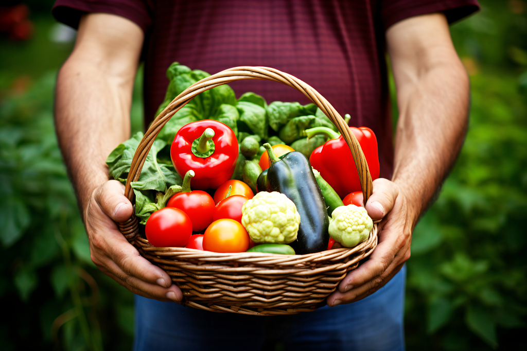 农民手捧一筐绿色有机蔬菜