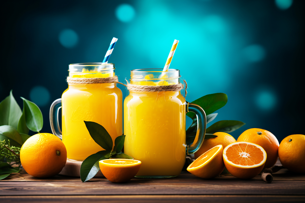 模糊背景上新鲜的橙汁饮品宣传
