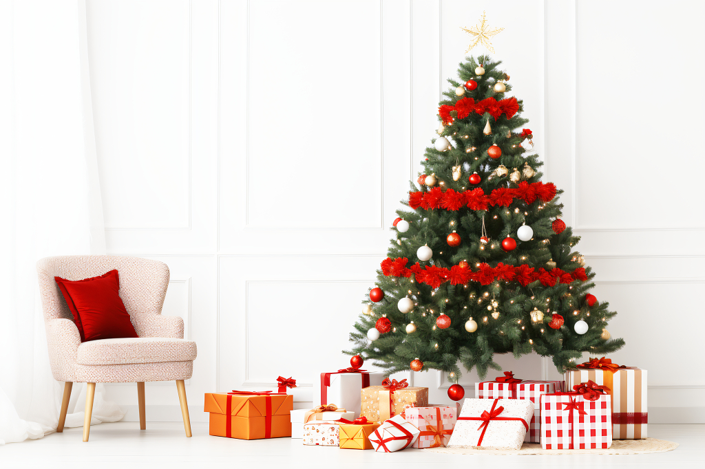圣室内的圣诞树圣诞礼物和沙发