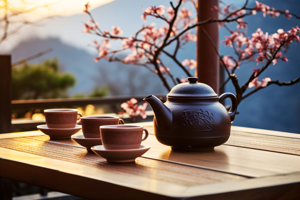 桌子上的紫砂壶茶杯茶文化宣传