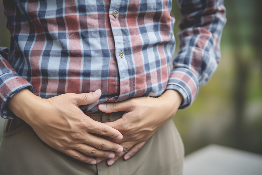肚子痛的男人用手捂住肚子