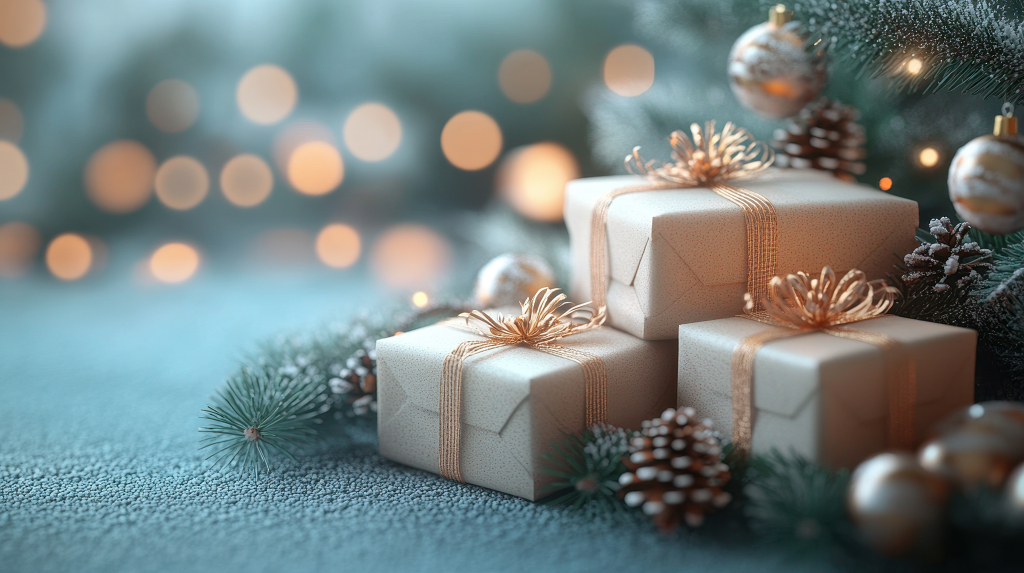 堆叠在地上的圣诞礼物