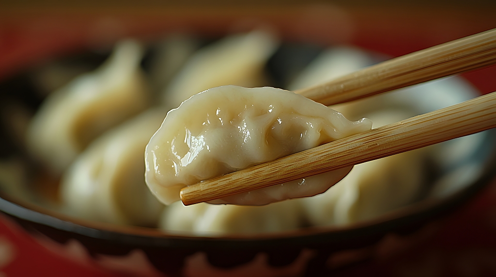 冬至筷子夹起饺子美食特写中式温馨氛围