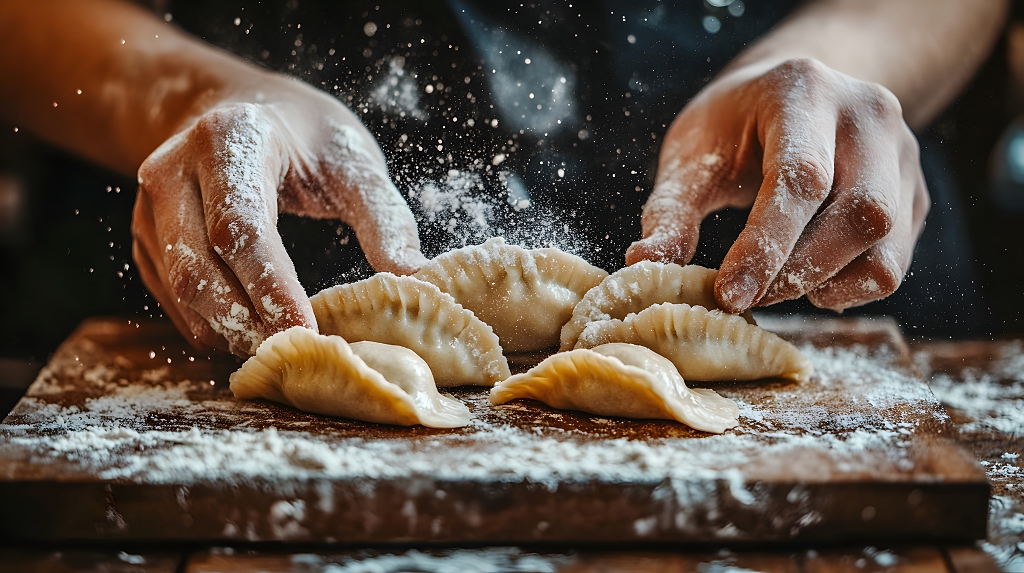 冬至手工制作饺子撒面粉温馨场景