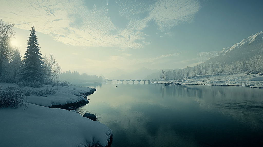 冬季天空下山林雪景冰川湖泊远山宁静寒冷立冬冬至冬天插画