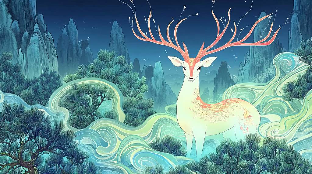 唯美梦幻森林麋鹿动物卡通手绘背景