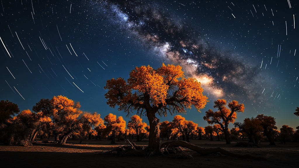 夜空中星空下的胡杨林金秋美景大自然风景风光电脑壁纸内蒙古旅游
