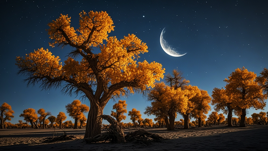 夜晚天空一轮弯月挂在金色胡杨林上空大自然风景风光夜晚电脑壁纸额济纳风景