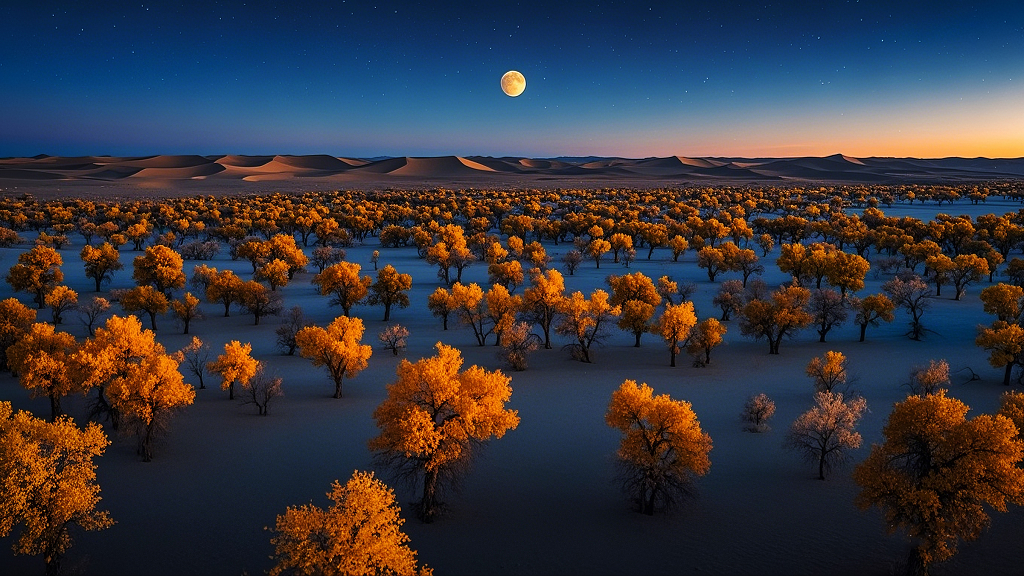 夜晚月亮高挂天空银辉洒在胡杨林上大漠风情大自然风景风光电脑壁纸内蒙古旅游