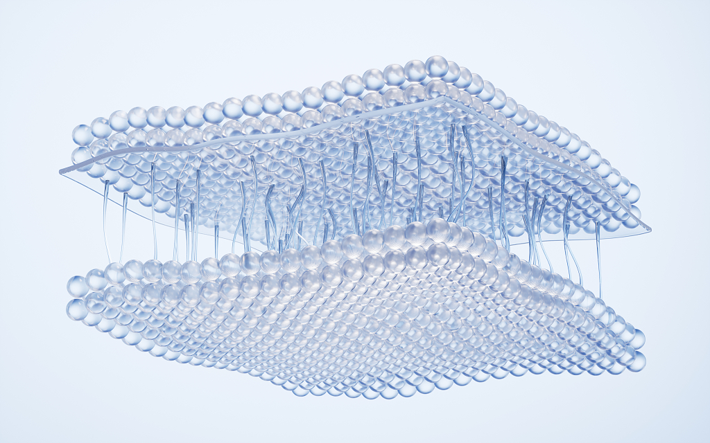 皮肤细胞组织与护肤品概念三维渲染生物学医美生物组织医疗概念图