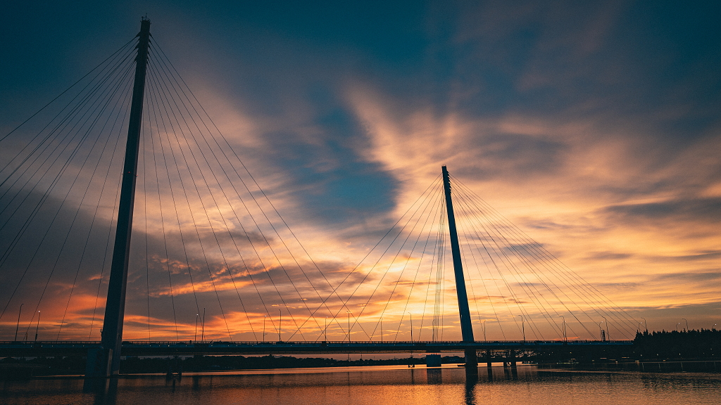 城市大桥日落自然风景风光建筑