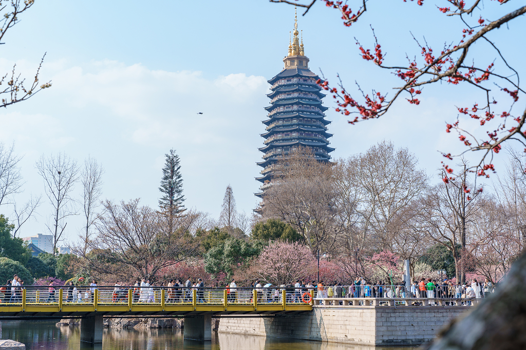 常州市红梅公园里拍摄到天宁宝塔春天人潮涌动的旅游旺季风景风光
