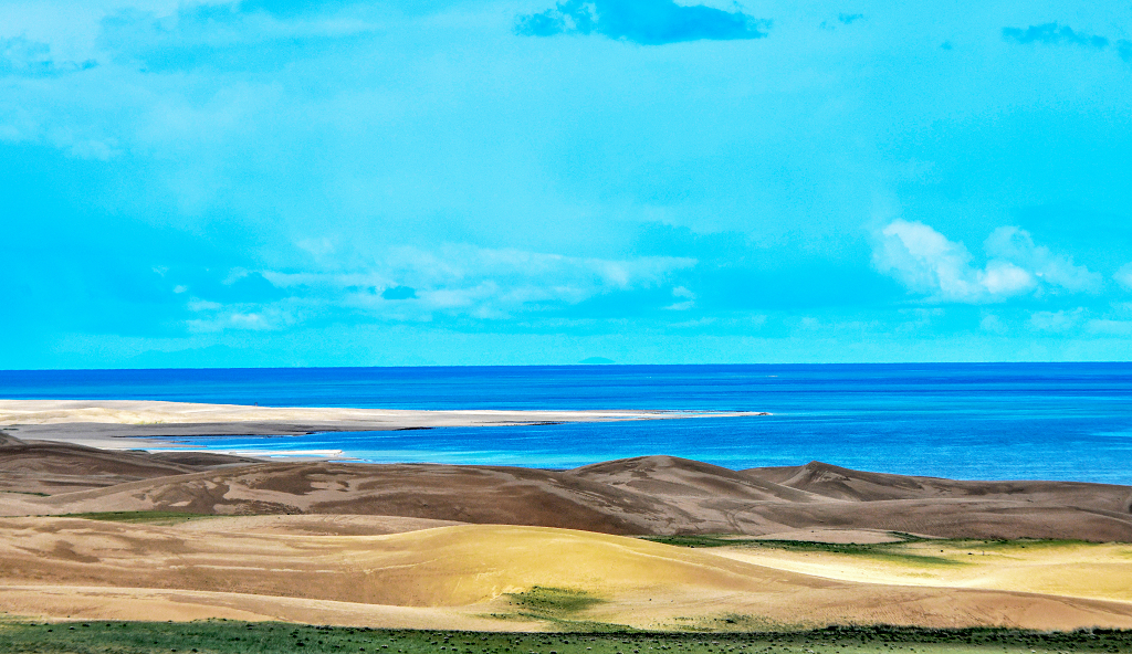 夏日青海湖畔的沙丘和草原大自然旅游旅行风景风光美景摄影图电脑桌面壁纸