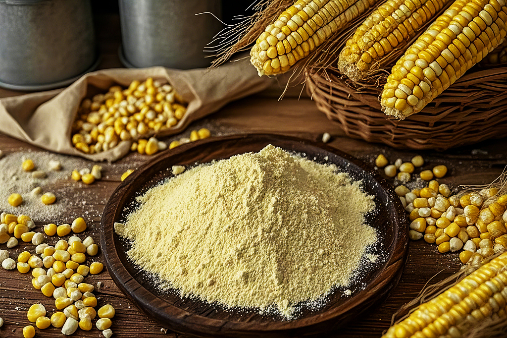 木桌上木盘装着玉米面粉旁边有玉米棒和玉米粒AI