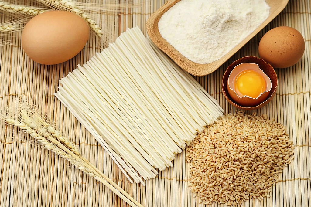 竹席上摆放着面条面粉鸡蛋和麦穗AI
