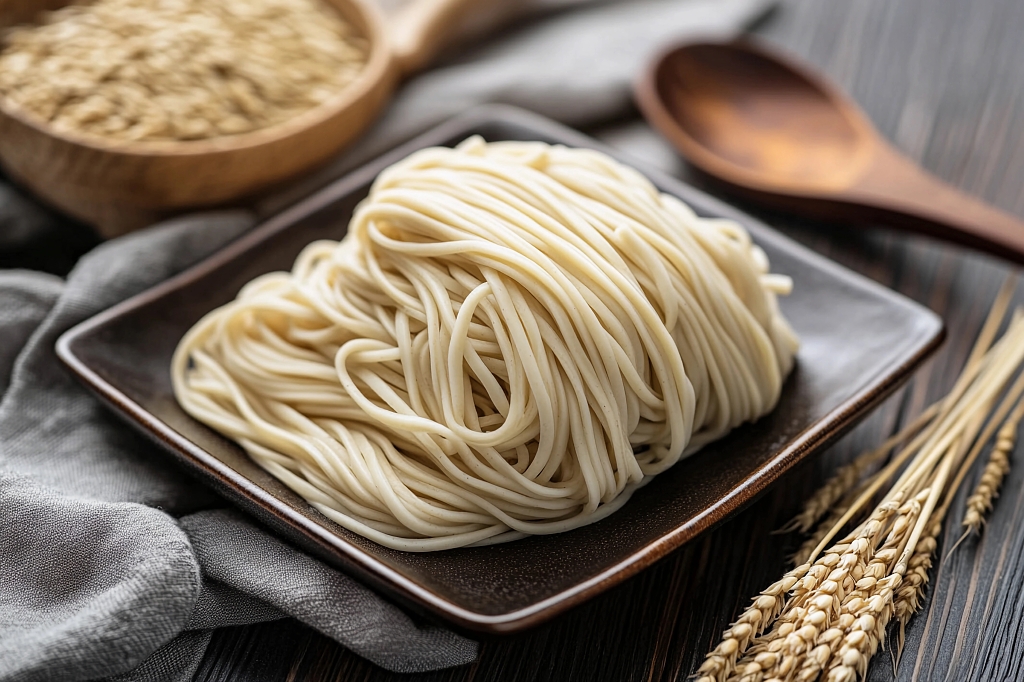 深色方盘里放着一团新鲜的手工面条AI