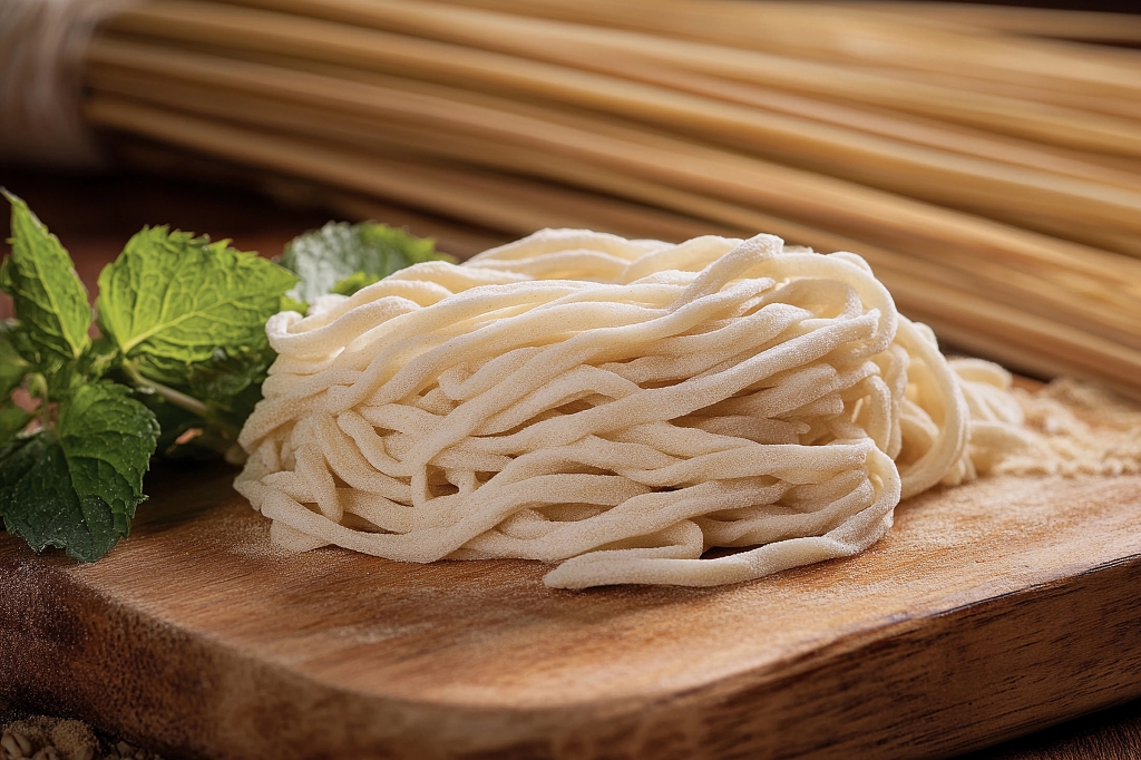 木板上带有薄荷叶的新鲜手工面条AI