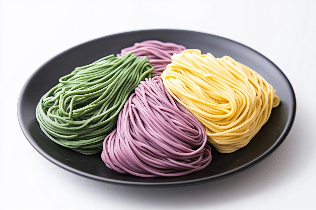 黑色盘子里摆放着彩色的新鲜手工面条AI