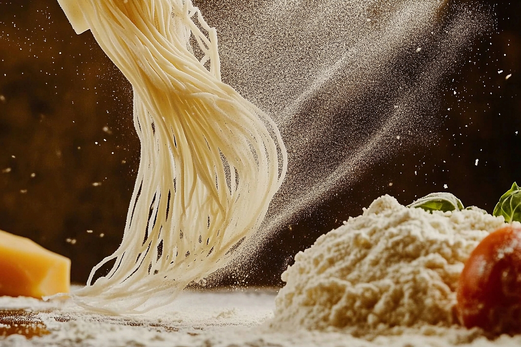 面粉飞扬的新鲜面条被高高提起的瞬间画面AI