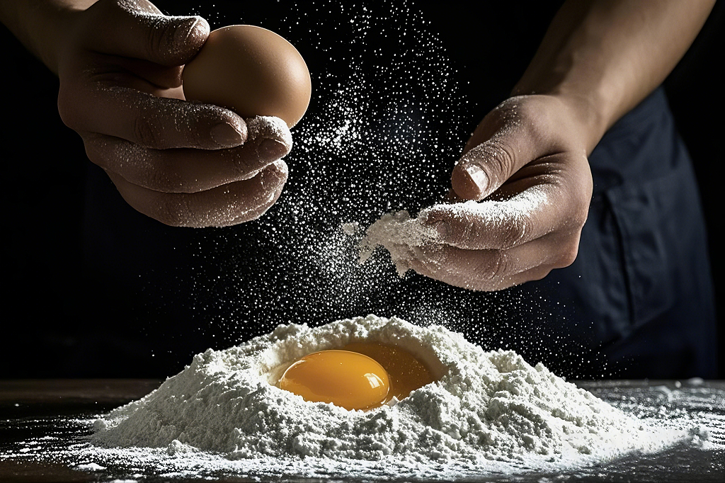 双手沾满面粉准备将鸡蛋打入面粉堆的场景AI