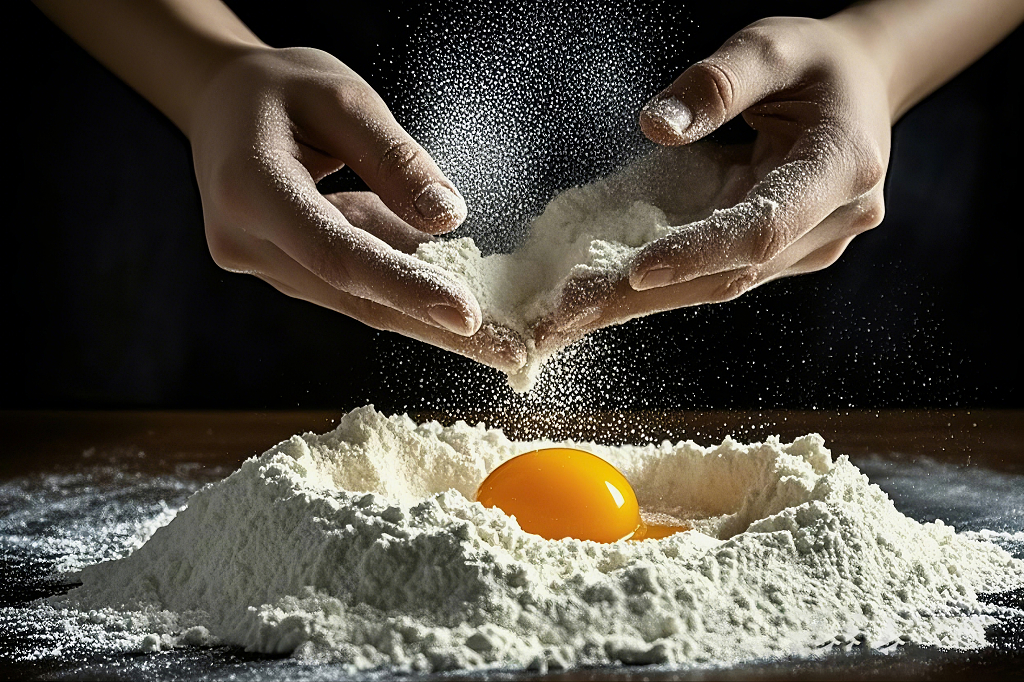 双手在面粉堆上撒面粉中间有蛋黄的特写画面AI做面食