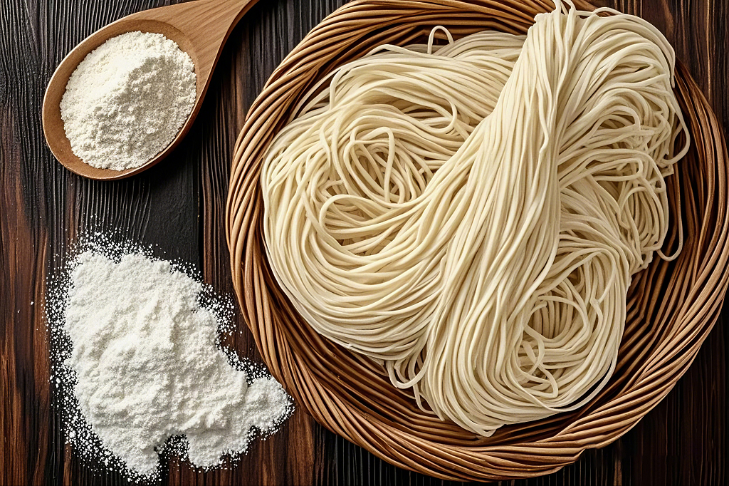 木勺装着面粉旁边篮子里放着新鲜面条的画面AI