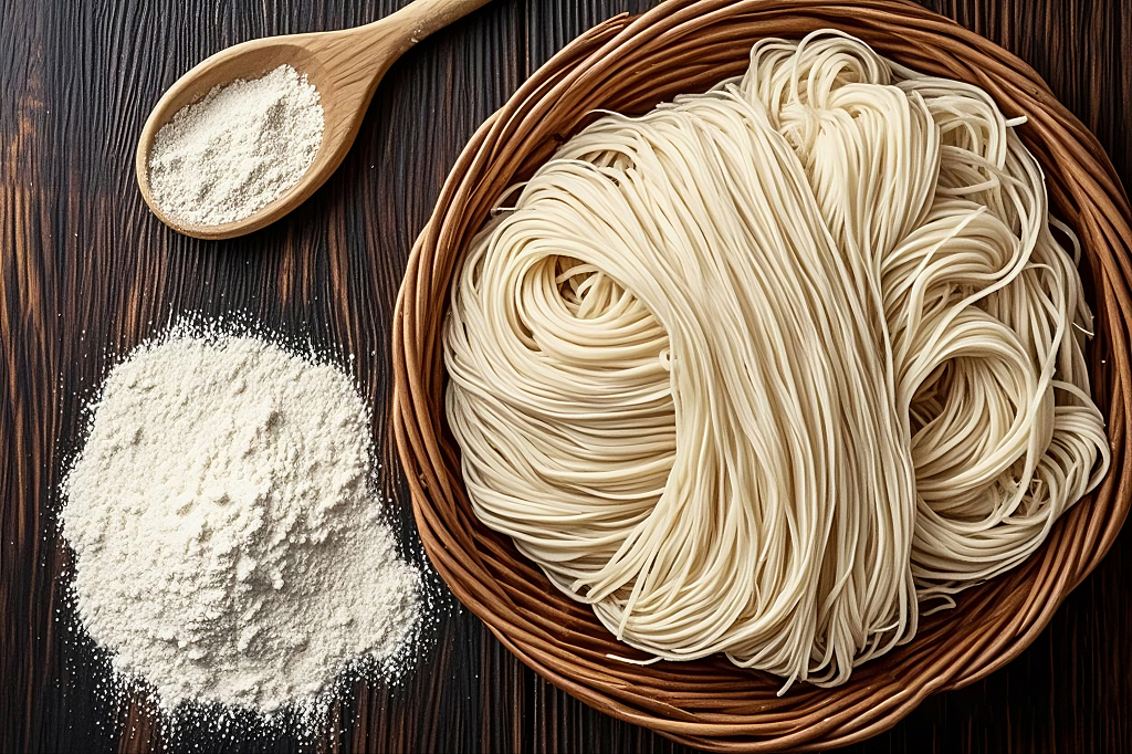 木勺和篮子里新鲜面条以及散落面粉的展示画面AI