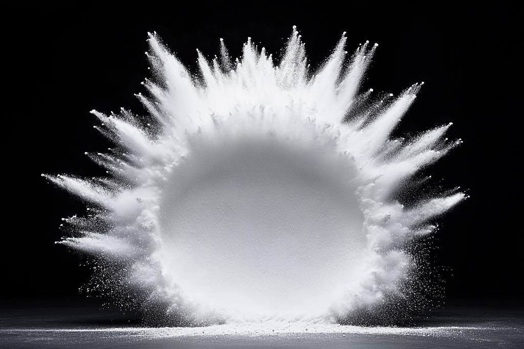 黑色背景下白色粉末爆炸状散开的艺术画面AI面粉