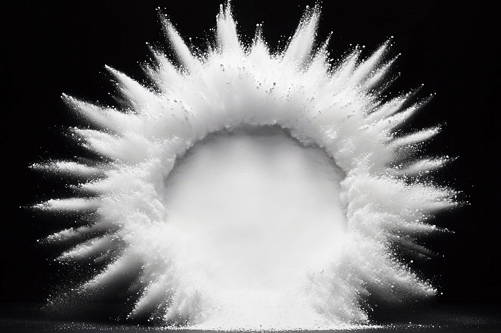 黑色背景下白色粉末呈放射状炸开的创意图片AI面粉