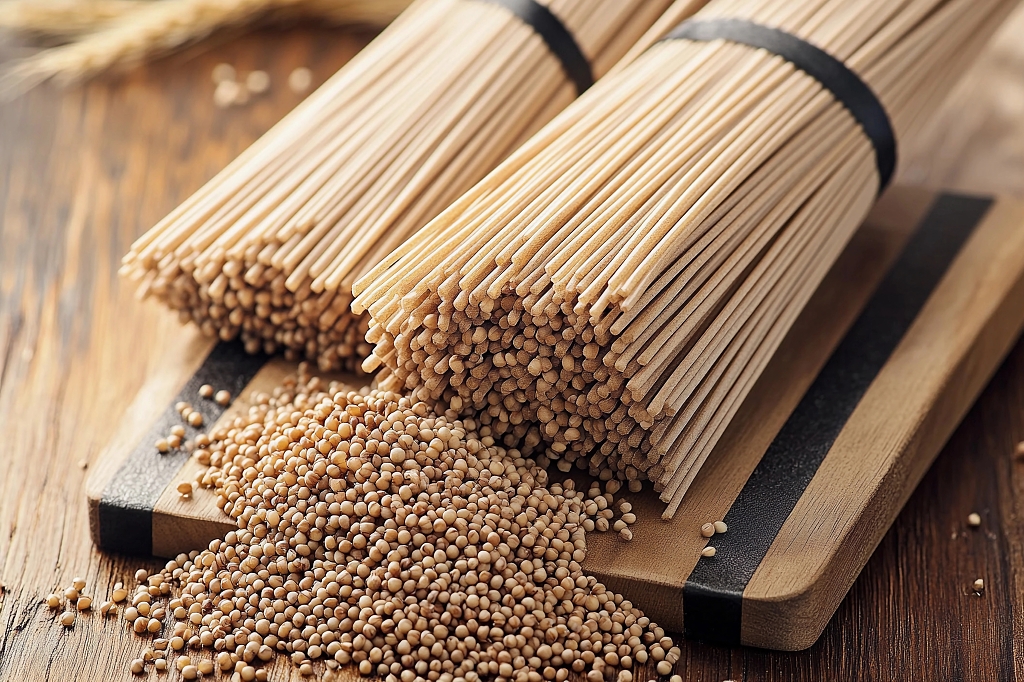 木案板上摆放着荞麦面条和荞麦粒的画面AI