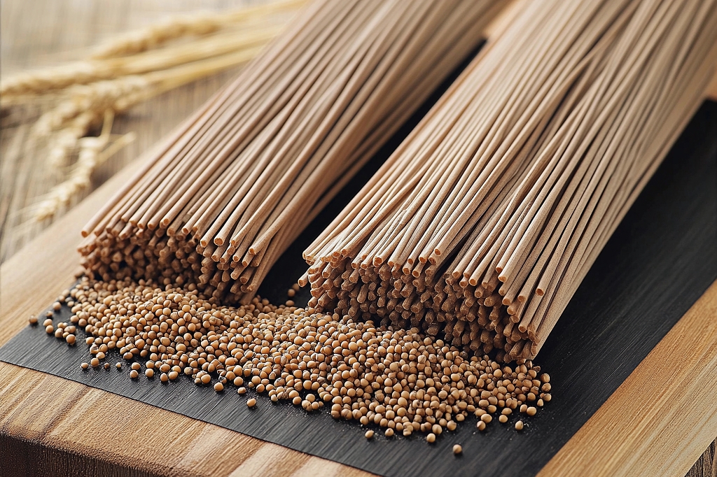 木案板上荞麦面条和散落的荞麦粒特写画面AI