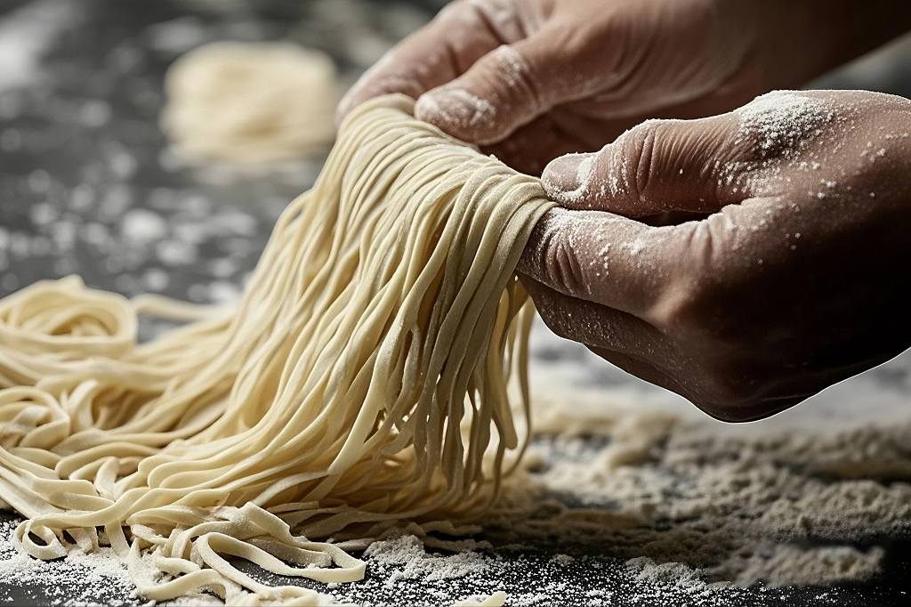 双手正在操作处理新鲜制作的手工面条AI