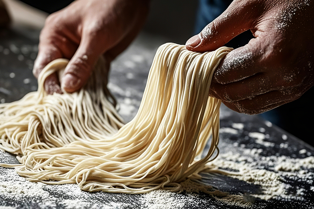 双手捏起一把手工面条展示面条质感AI