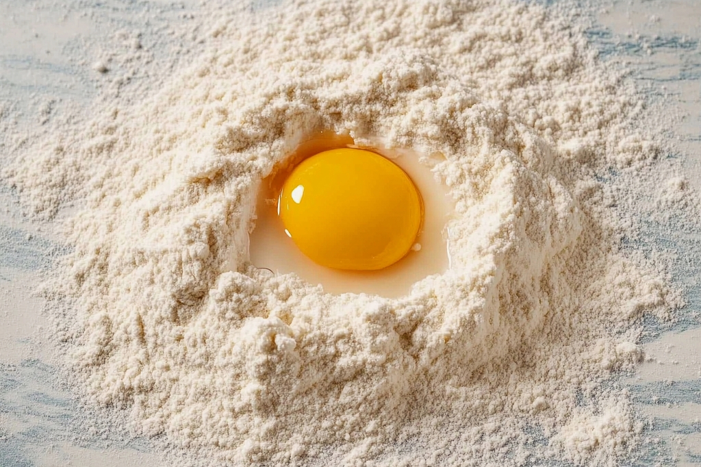 面粉堆中间有一个新鲜的鸡蛋黄AI