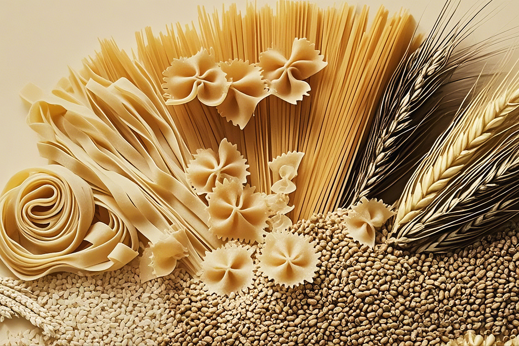 多种形状的意大利面搭配小麦穗和麦粒展示AI