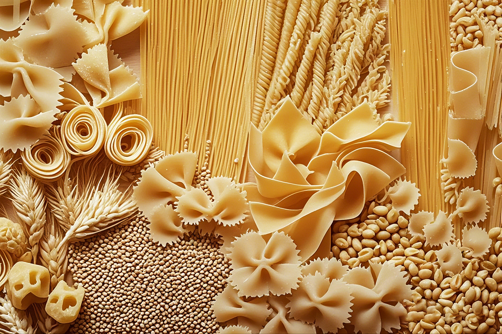 丰富多样的意大利面与小麦麦粒组合画面AI