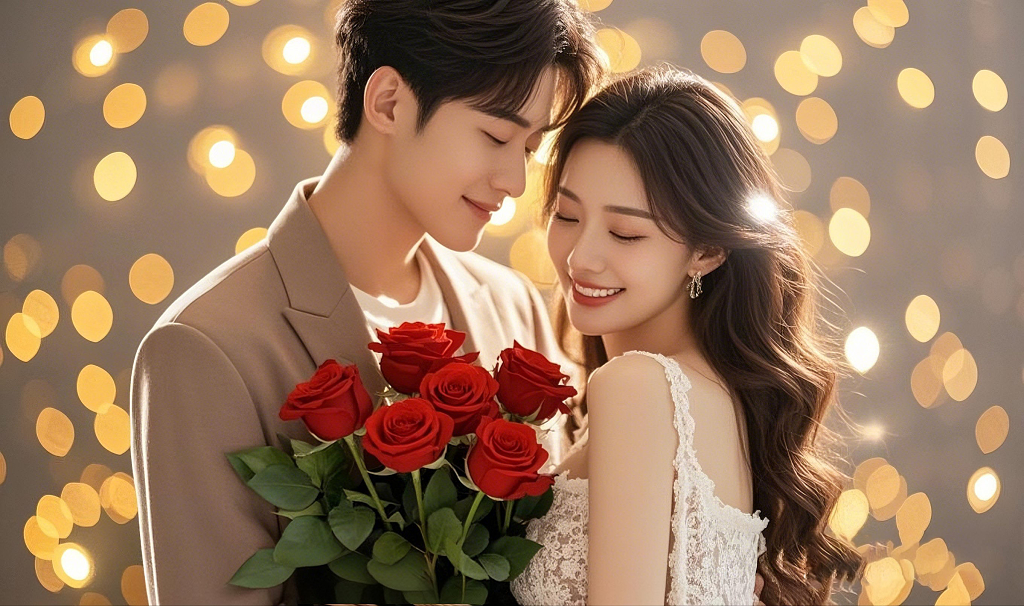 一对年轻男女面带微笑相互依偎手持红玫瑰花束场景AI