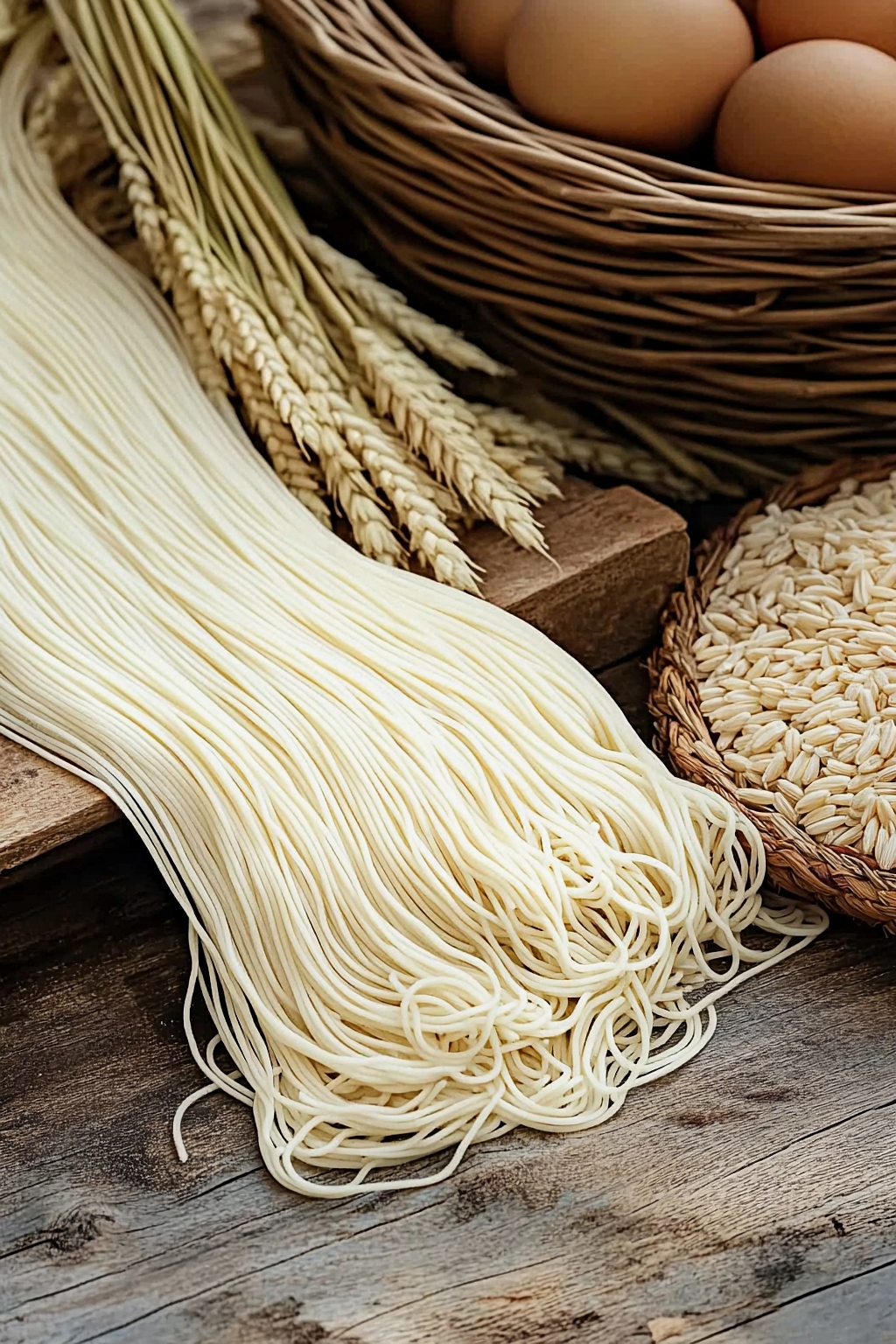 木桌上摆放着面条小麦穗鸡蛋和麦粒AI