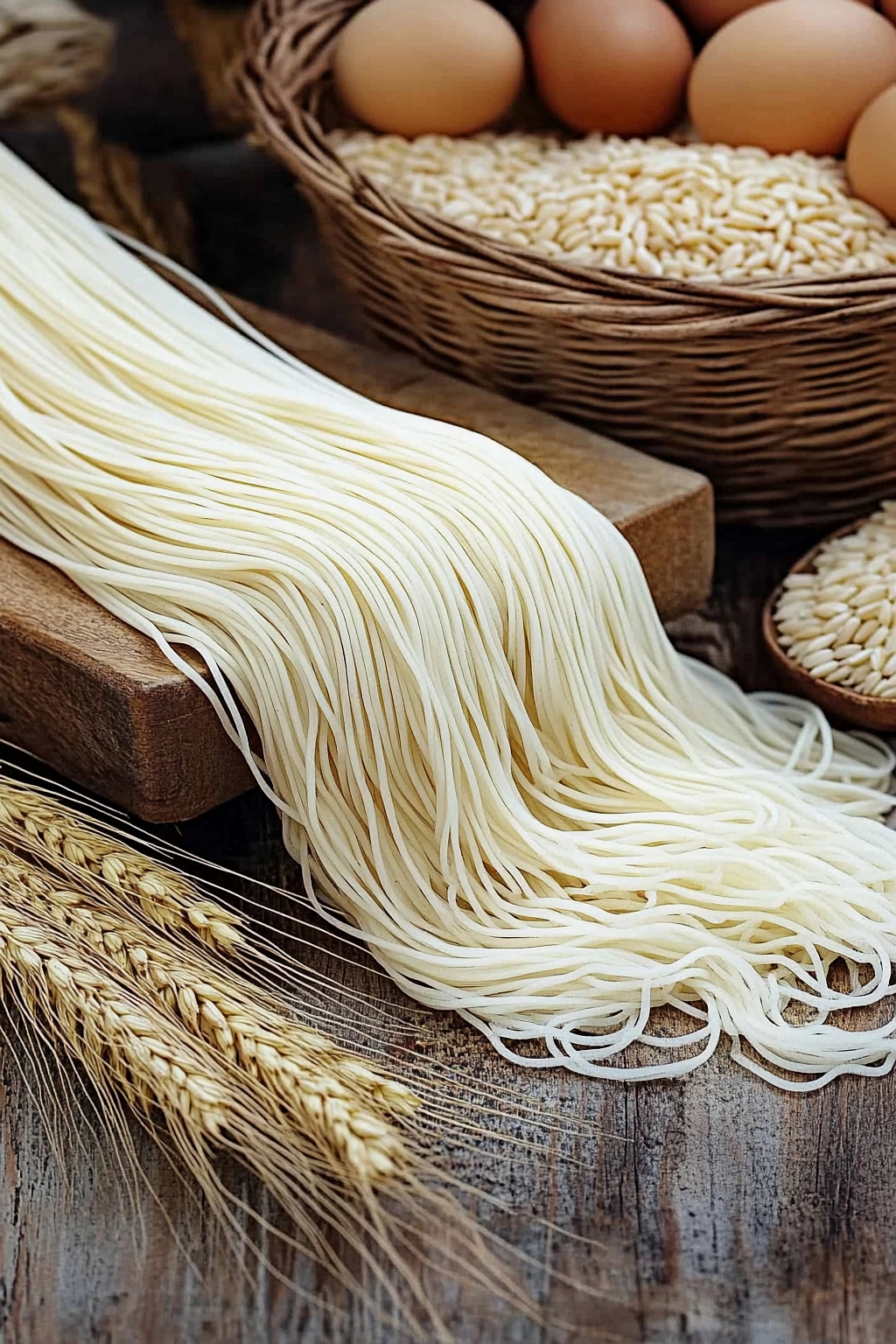 木桌背景下新鲜面条与鸡蛋麦粒小麦穗组合AI