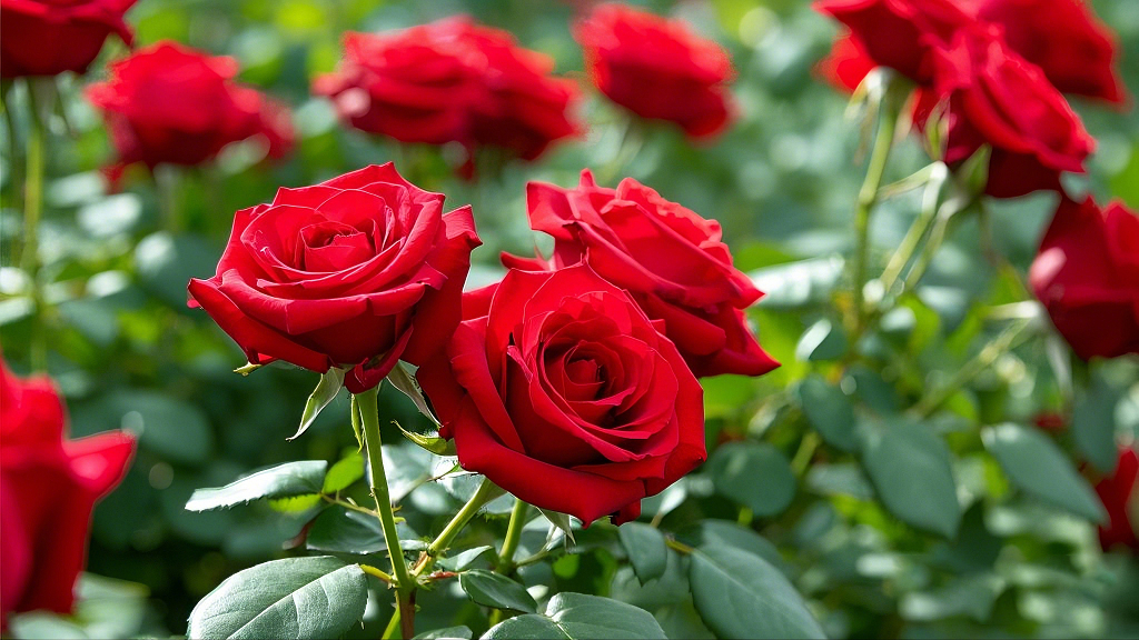 阳光下绿叶丛中绽放的鲜艳红玫瑰场景AI