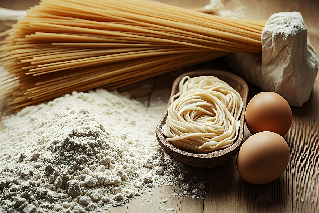 木桌上摆放着意大利面面粉鸡蛋和一团面AI