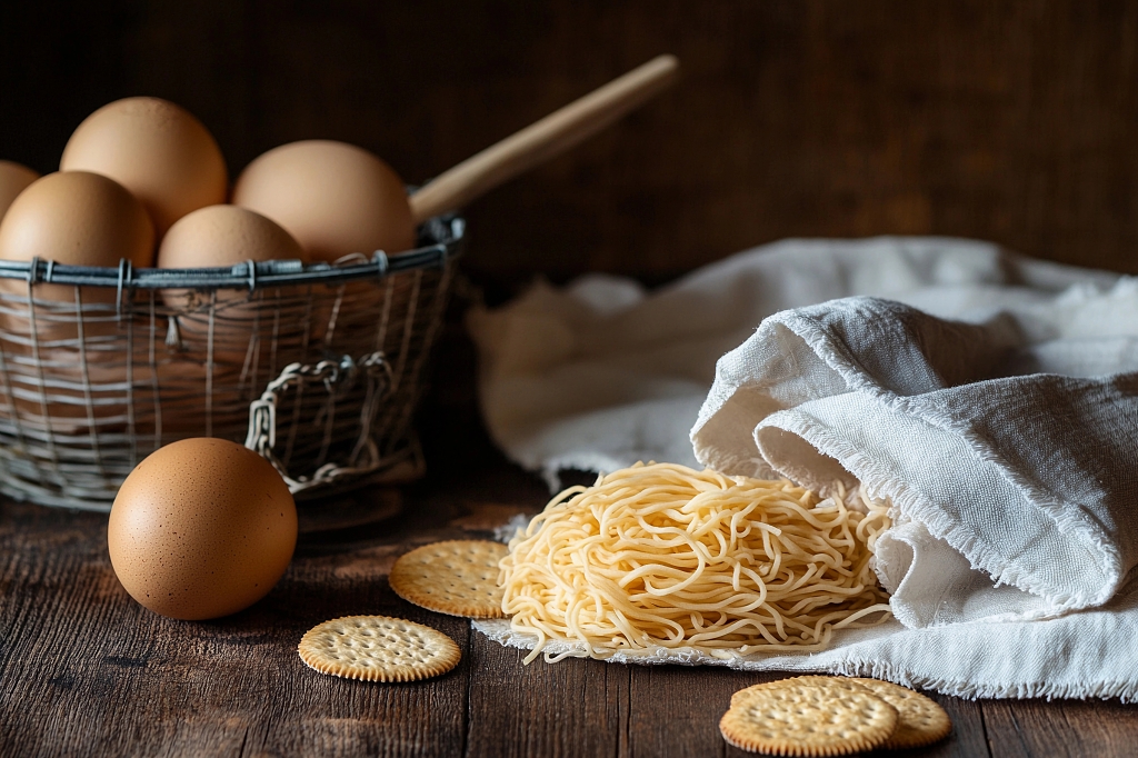 木桌上篮子里鸡蛋旁边有面条和饼干AI